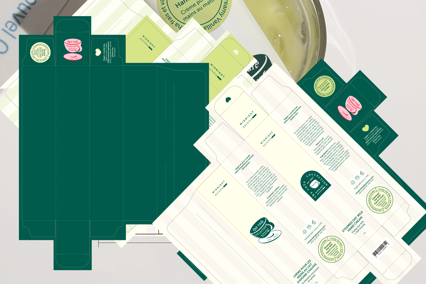Danielle Gracioso Graphic Designer Vancouver BC Canada – Flat design of the Coffee Bean Body Scrub label from the Café Collection, featuring English and French product descriptions, ingredients, and brand visuals. Designed by Danielle Gracioso.