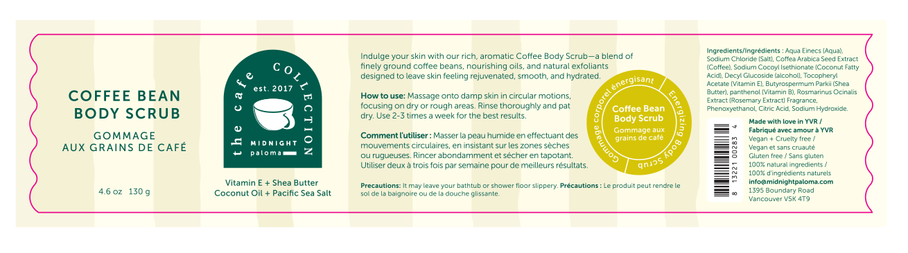 Danielle Gracioso Graphic Designer Vancouver BC Canada – Flat design of the Coffee Bean Body Scrub label from the Café Collection, featuring English and French product descriptions, ingredients, and brand visuals. Designed by Danielle Gracioso.