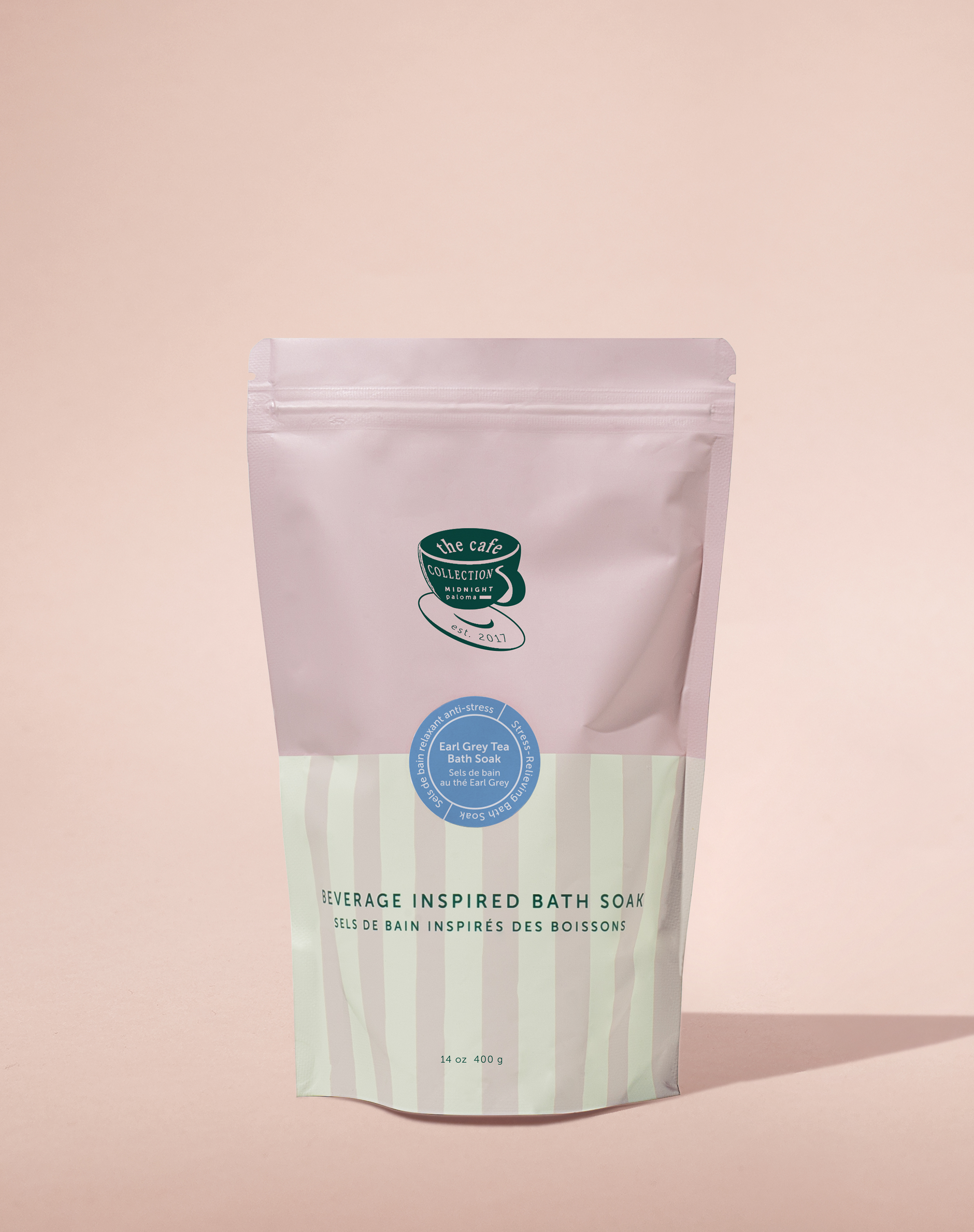 Danielle Gracioso Graphic Designer Vancouver BC Canada – Front-facing shot of the 14 oz Earl Grey Tea Bath Soak pouch on a soft beige background. Packaging design by Danielle Gracioso.